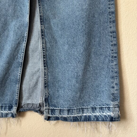 Zara Distressed Released Hem Front Slit Denim Blue Jean Midi Skirt - Picture 6 of 9